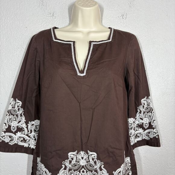 Michael Kors Peasant Top Tunic Embroider 3/4 Sleeve Brown Casual - XS - Picture 2 of 5